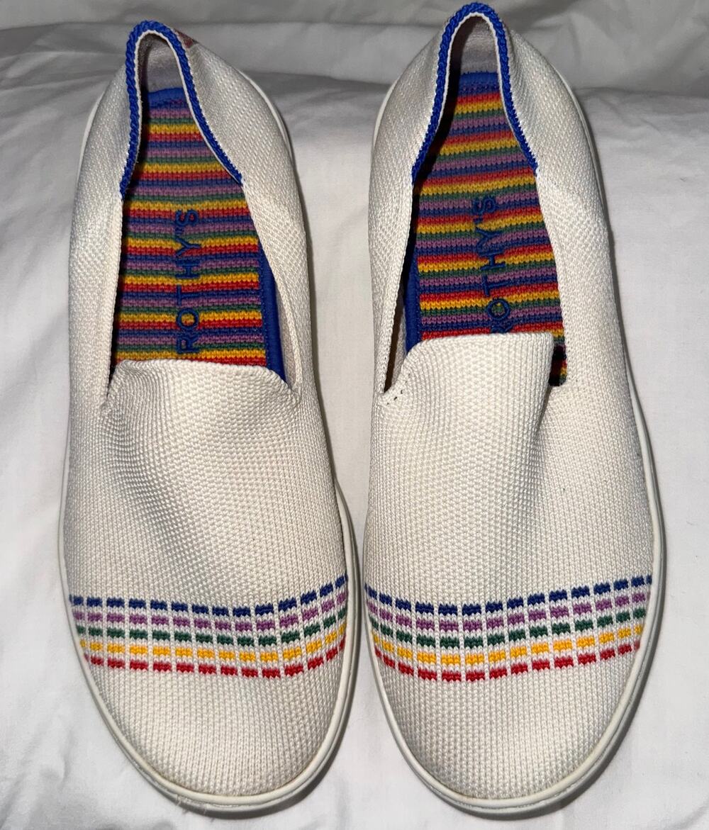 Rothy's Kids Slip On Sneakers White Rainbow Knit Washable Shoes Size 3Y